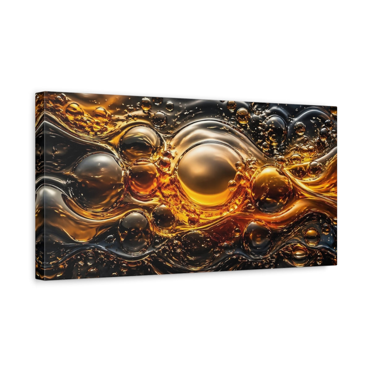 Side Mockup 3. Abstract Liquid Bubbles Golden Abstract shown as stretched canvas wall art