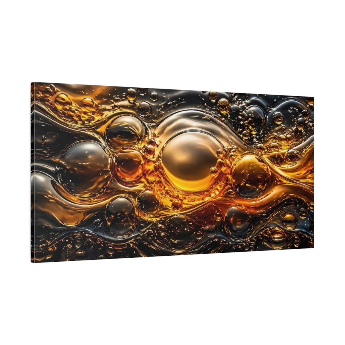 Side Mockup 2. Abstract Liquid Bubbles Golden Abstract shown as stretched canvas wall art