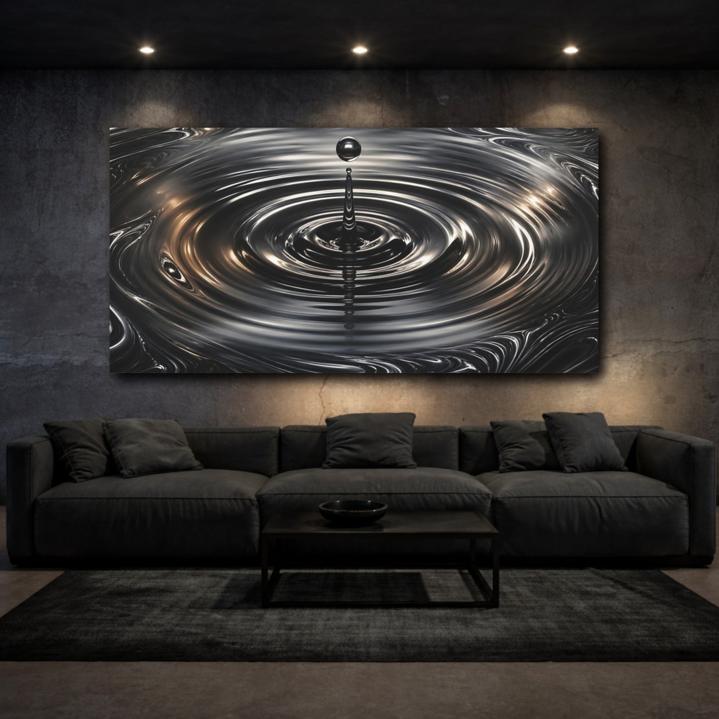Mockup 2. Abstract Liquid Drop Dark Metallic shown as stretched canvas wall art