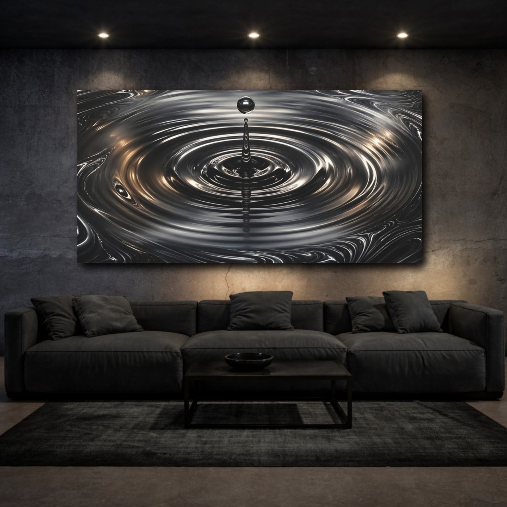 Mockup 2. Abstract Liquid Drop Dark Metallic shown as stretched canvas wall art