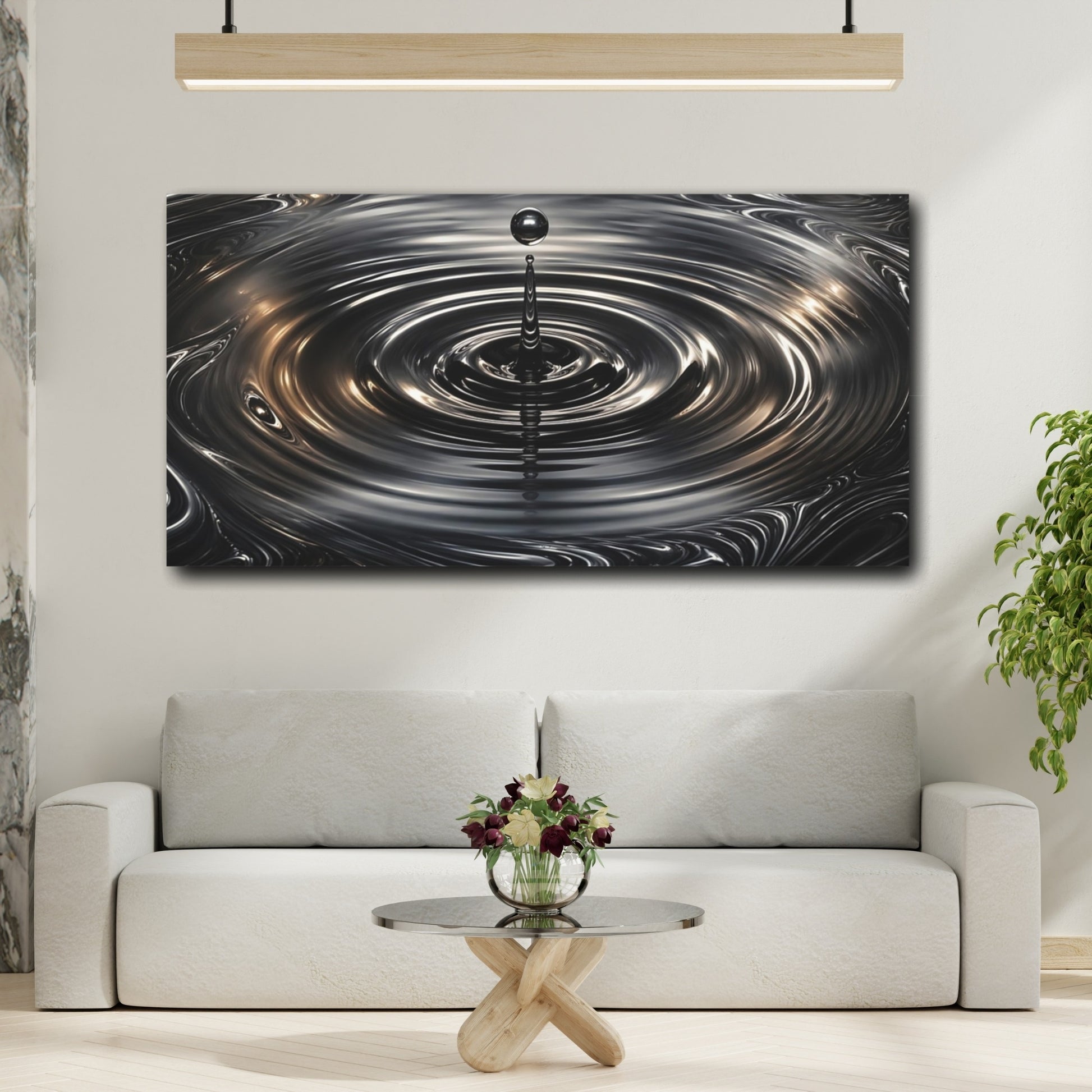 Mockup 3. Abstract Liquid Drop Dark Metallic shown as stretched canvas wall art