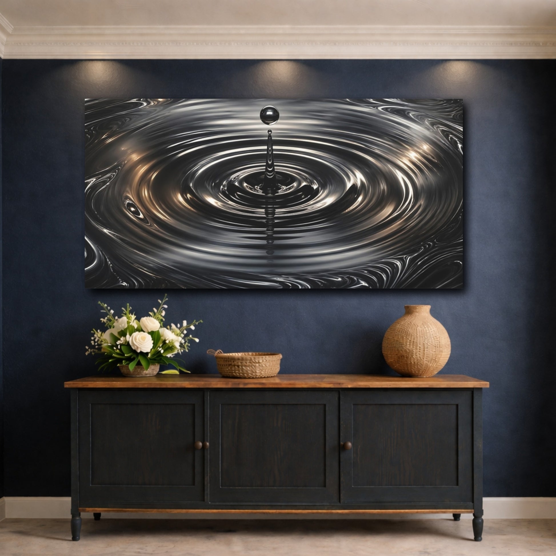 Mockup 4. Abstract Liquid Drop Dark Metallic shown as stretched canvas wall art