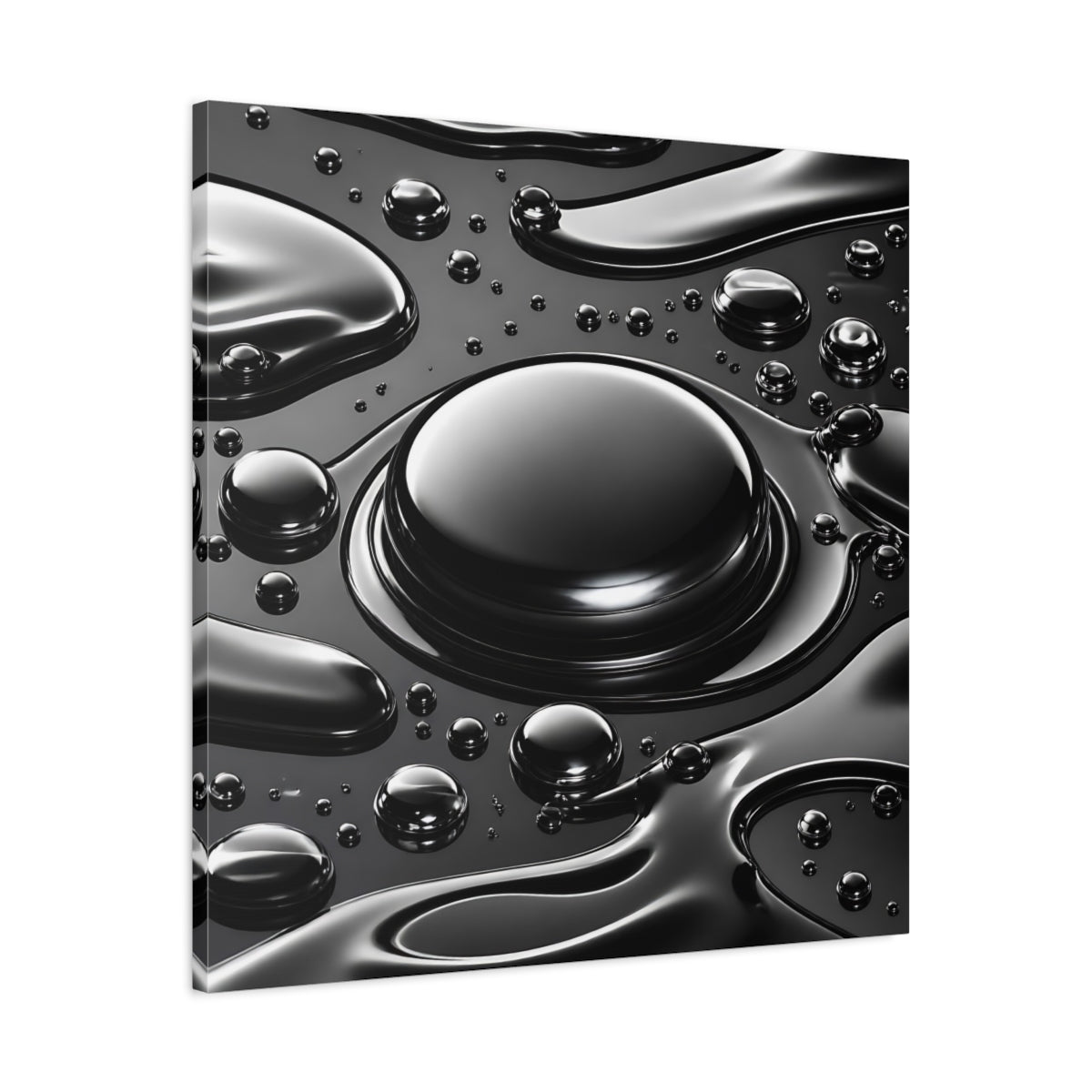 Side Mockup 3. Abstract Liquid Drops Black And Silver shown as stretched canvas wall art