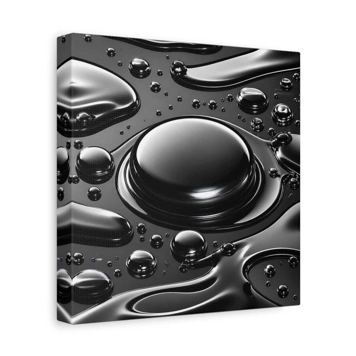 Side Mockup 9. Abstract Liquid Drops Black And Silver shown as stretched canvas wall art