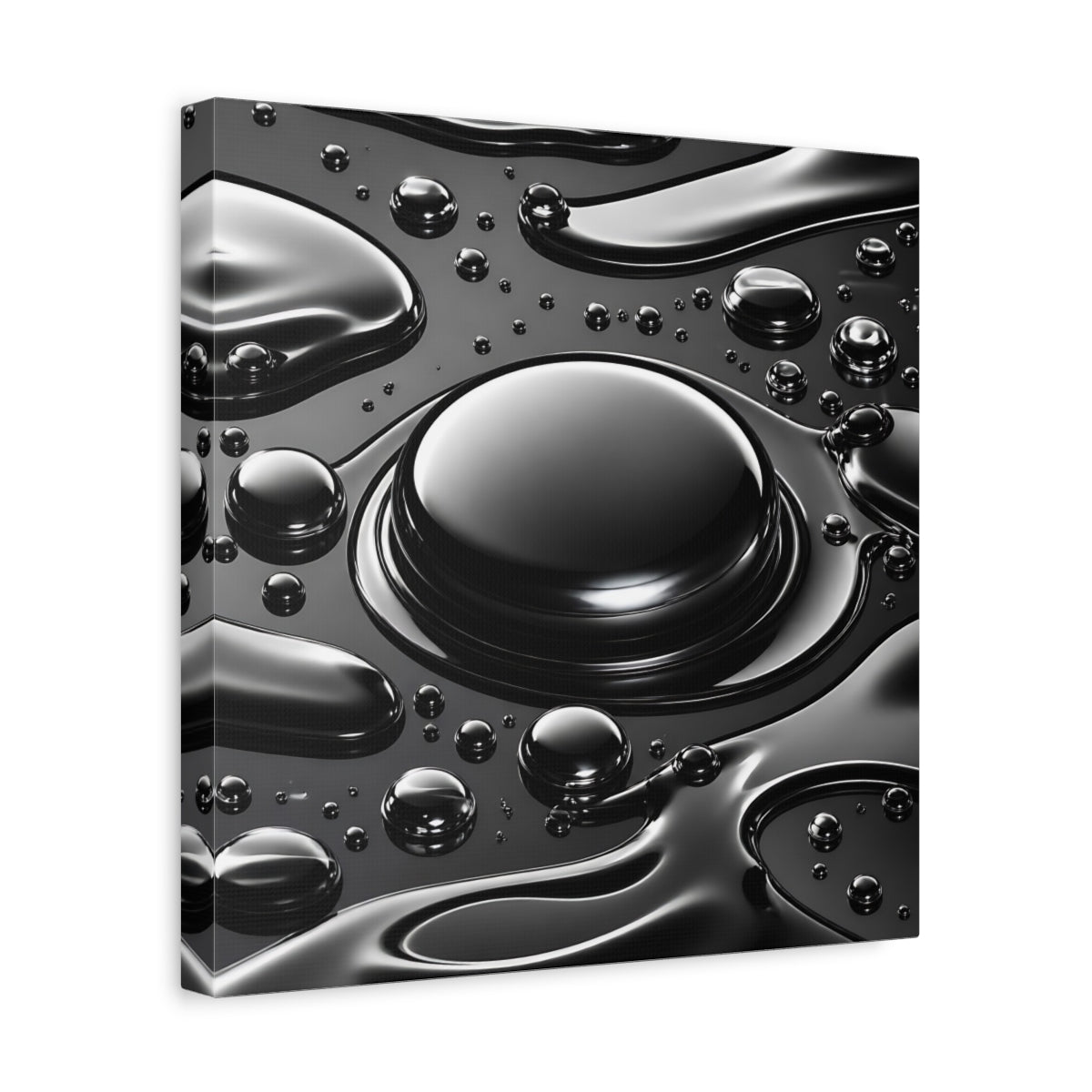 Side Mockup 7. Abstract Liquid Drops Black And Silver shown as stretched canvas wall art