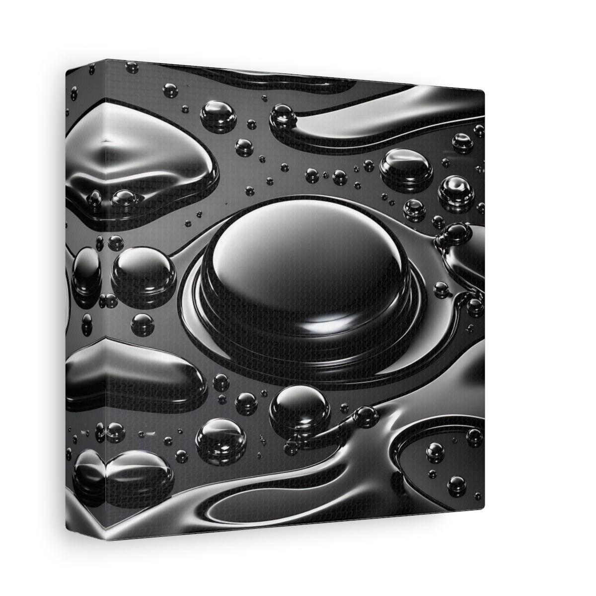 Side Mockup 2. Abstract Liquid Drops Black And Silver shown as stretched canvas wall art