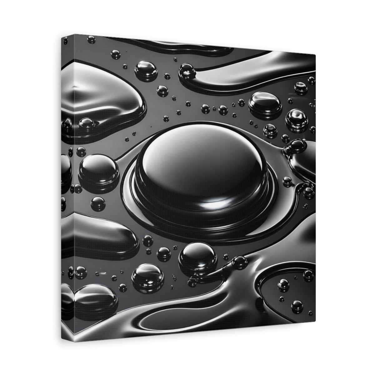 Side Mockup 8. Abstract Liquid Drops Black And Silver shown as stretched canvas wall art