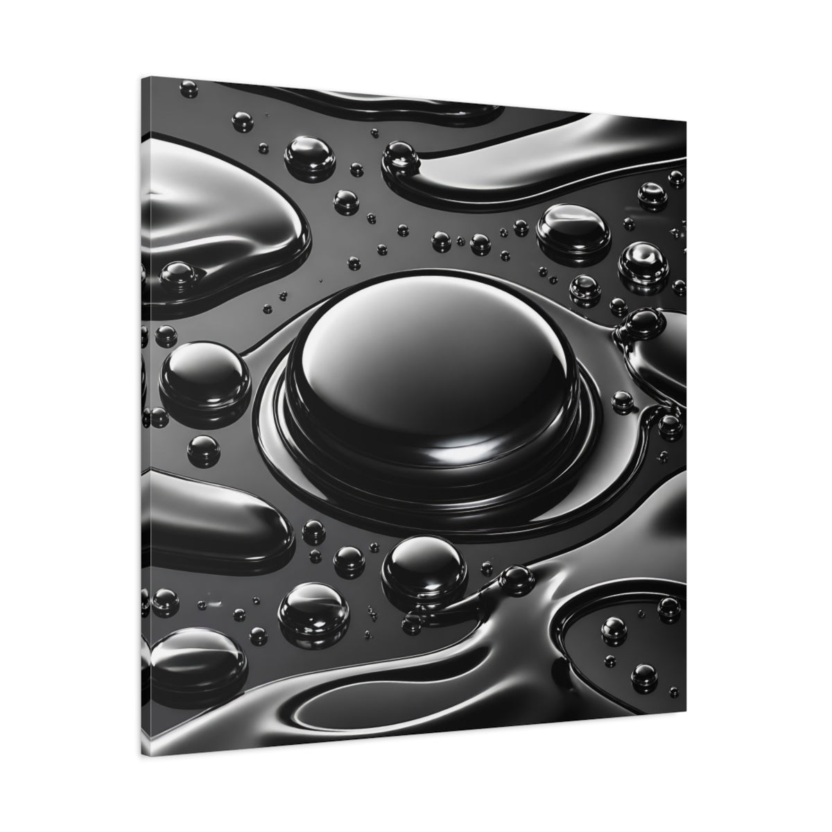 Side Mockup 1. Abstract Liquid Drops Black And Silver shown as stretched canvas wall art