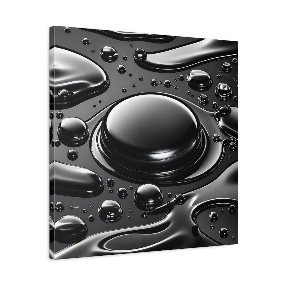 Side Mockup 4. Abstract Liquid Drops Black And Silver shown as stretched canvas wall art