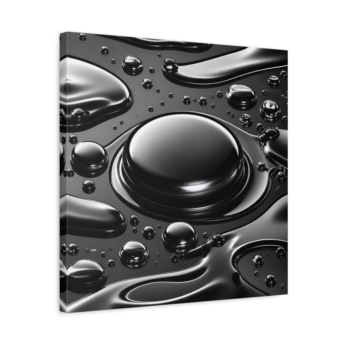 Side Mockup 5. Abstract Liquid Drops Black And Silver shown as stretched canvas wall art
