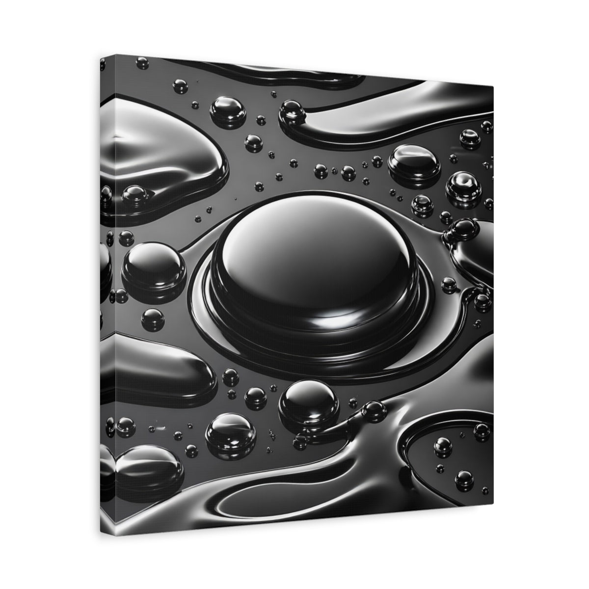 Side Mockup 6. Abstract Liquid Drops Black And Silver shown as stretched canvas wall art