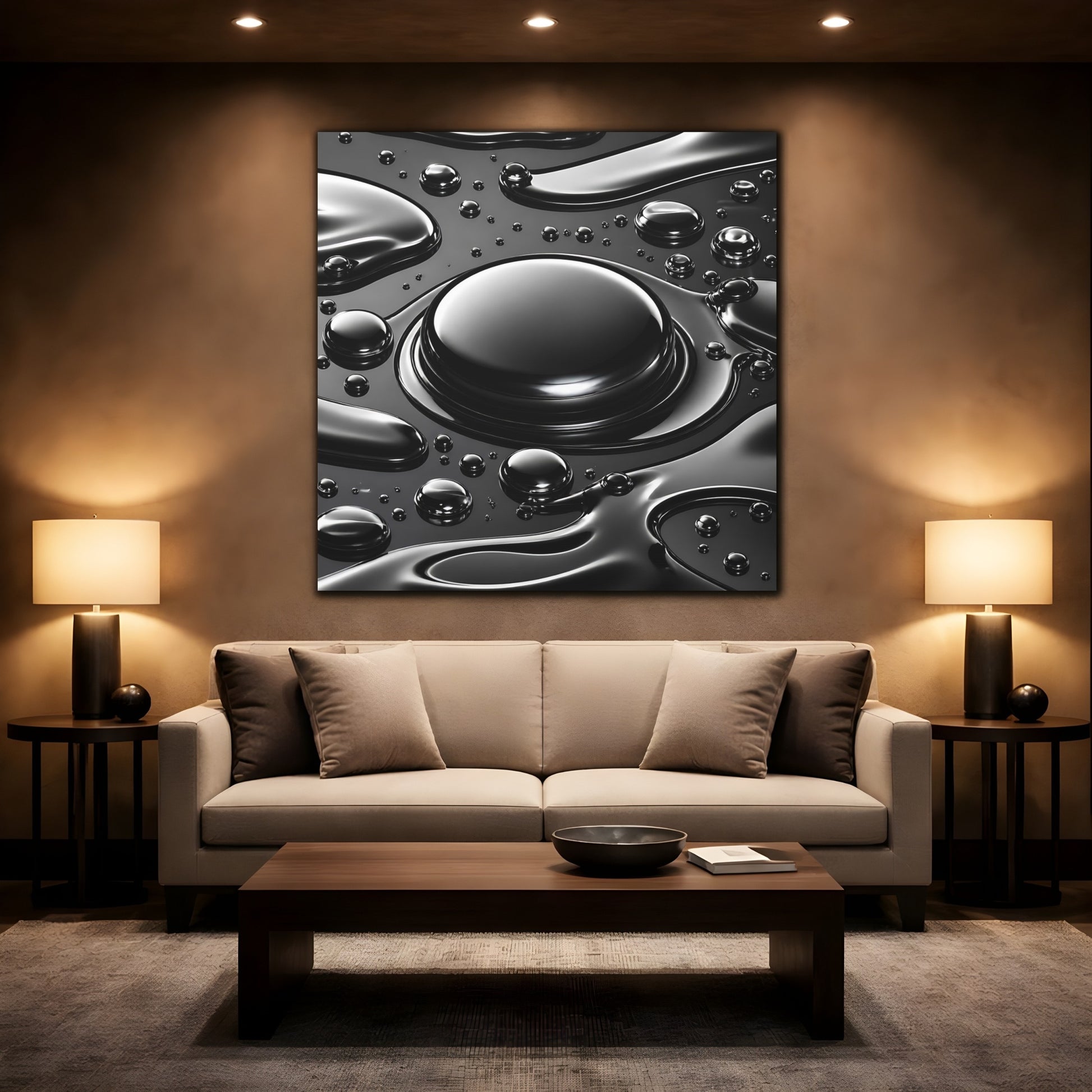 Mockup 2. Abstract Liquid Drops Black And Silver shown as stretched canvas wall art
