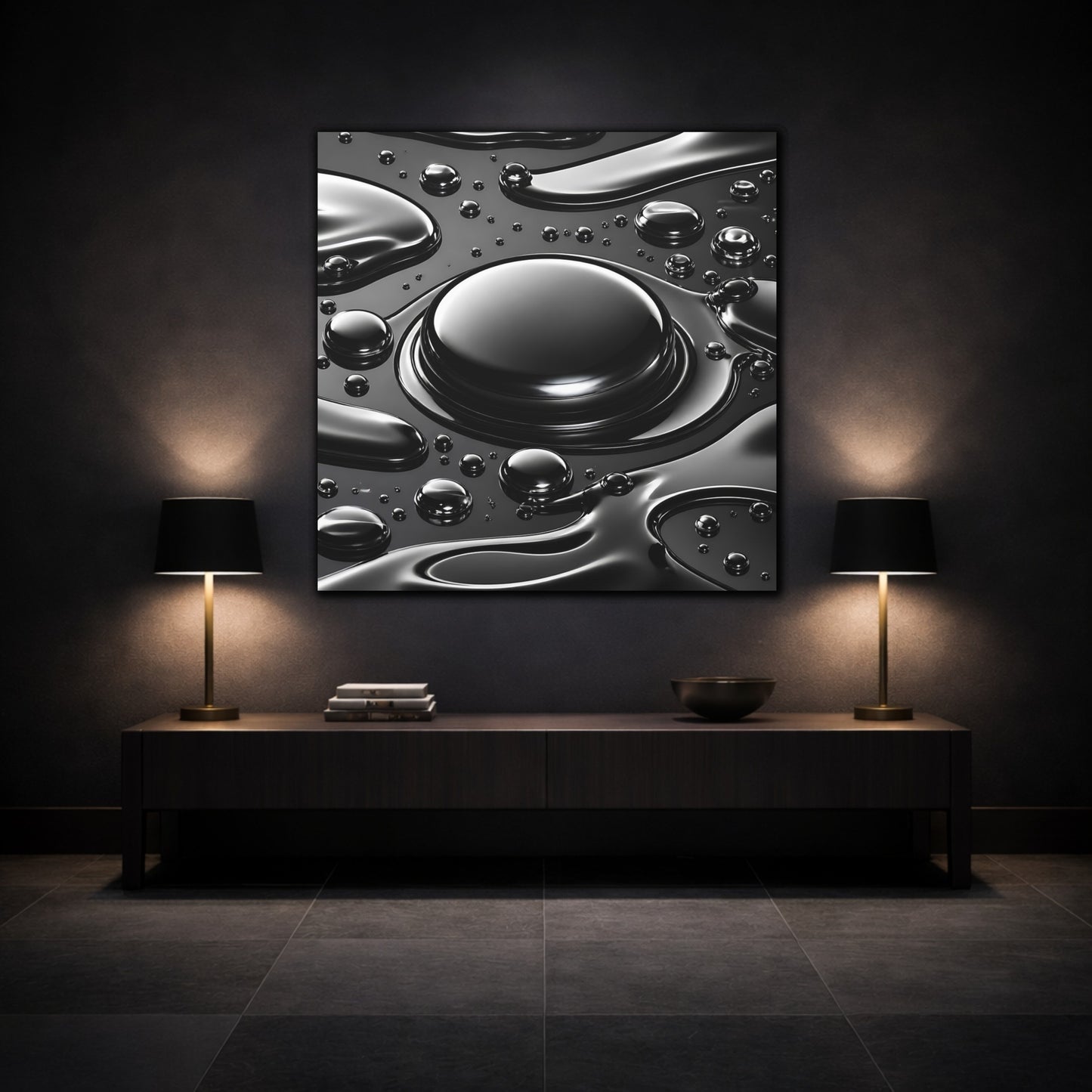 Mockup 3. Abstract Liquid Drops Black And Silver shown as stretched canvas wall art