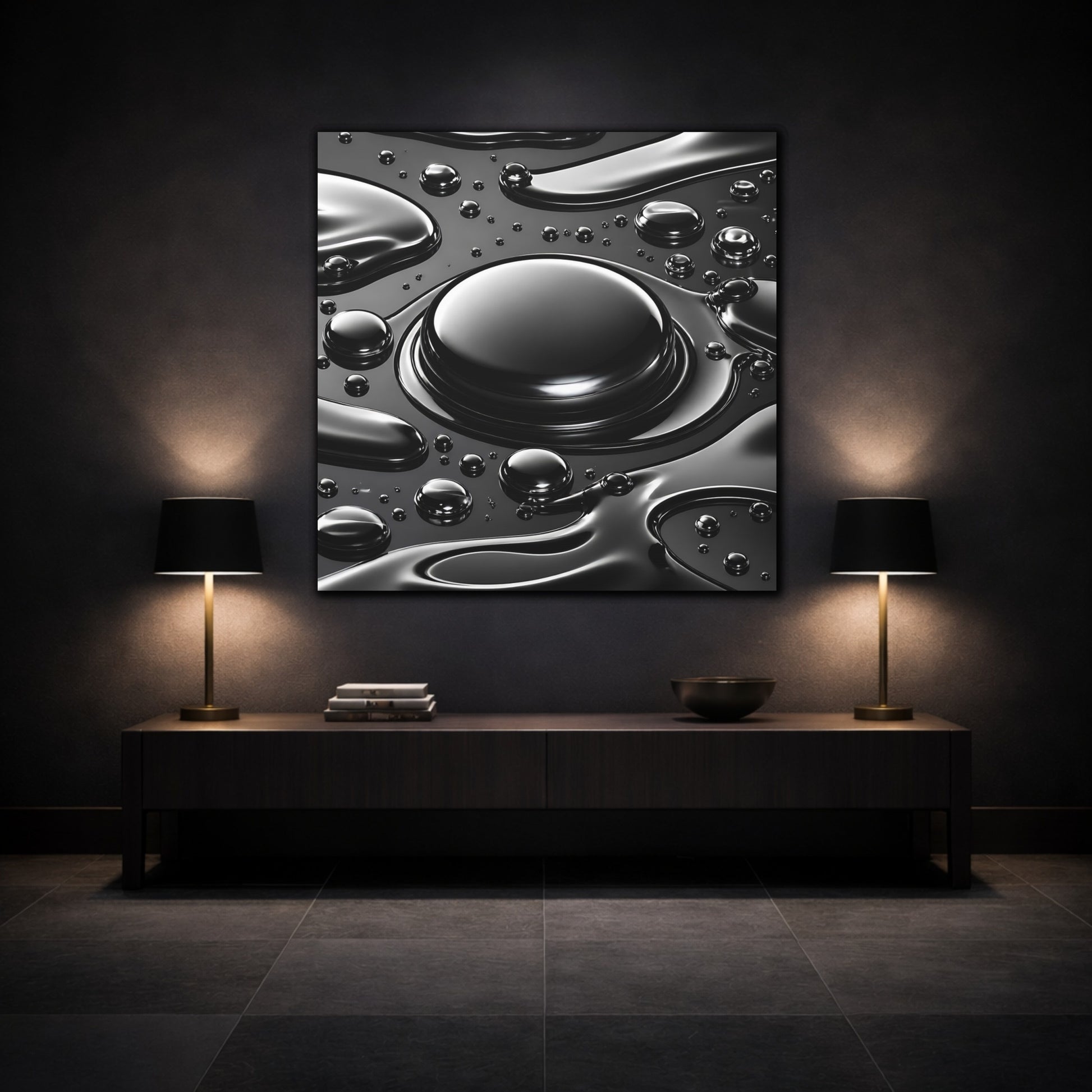 Mockup 3. Abstract Liquid Drops Black And Silver shown as stretched canvas wall art