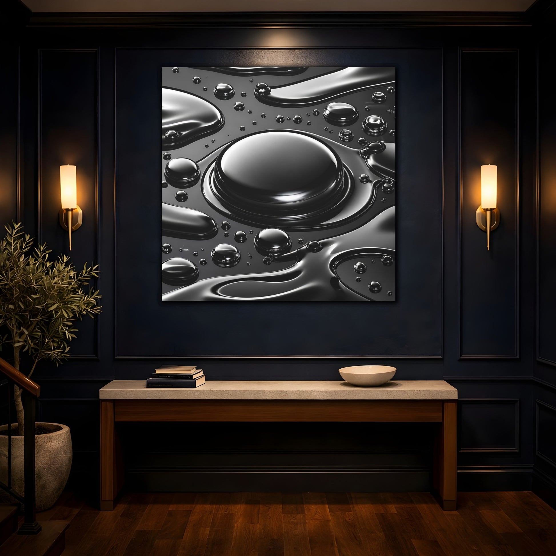 Mockup 4. Abstract Liquid Drops Black And Silver shown as stretched canvas wall art