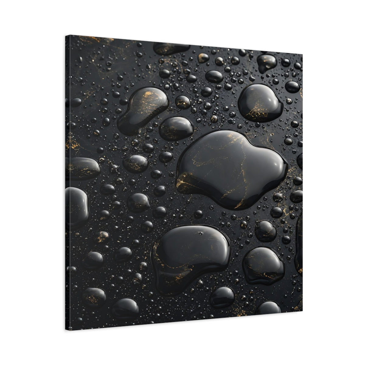 Main Mockup. Abstract Liquid Drops Black Gold shown as stretched canvas wall art