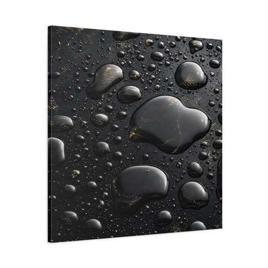 Main Mockup. Abstract Liquid Drops Black Gold shown as stretched canvas wall art