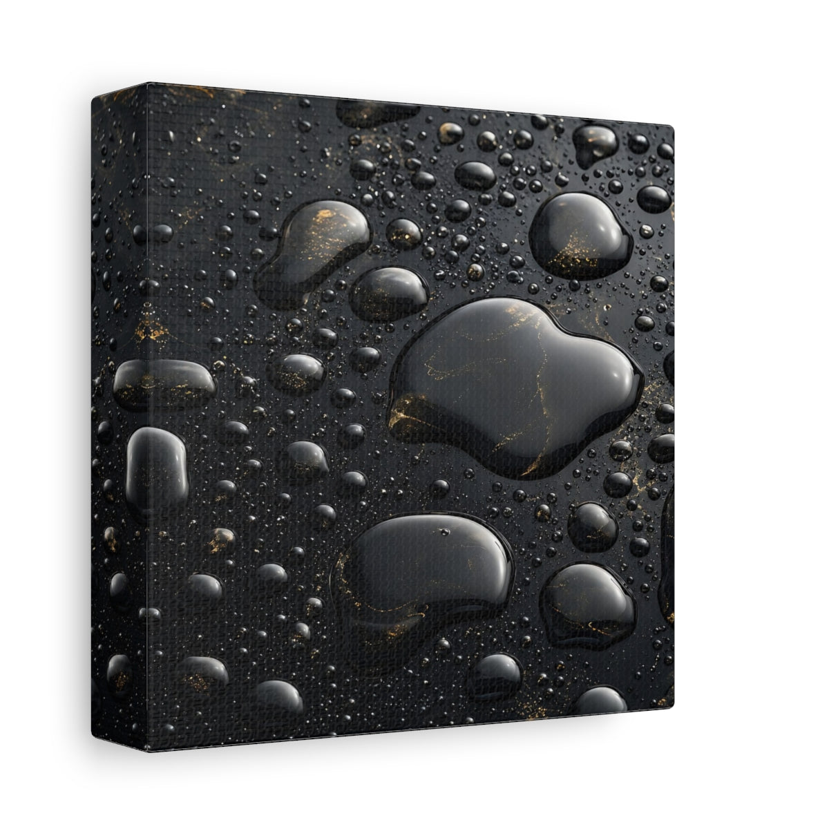 Side Mockup 2. Abstract Liquid Drops Black Gold shown as stretched canvas wall art