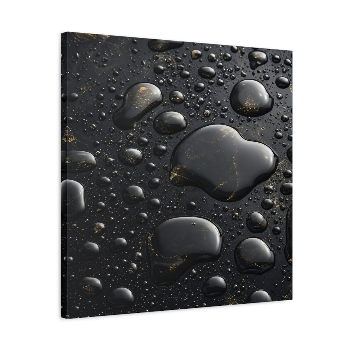 Side Mockup 4. Abstract Liquid Drops Black Gold shown as stretched canvas wall art