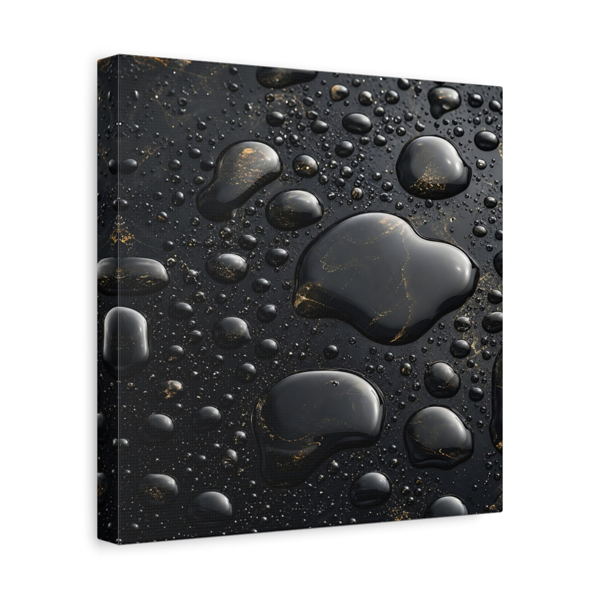 Side Mockup 8. Abstract Liquid Drops Black Gold shown as stretched canvas wall art