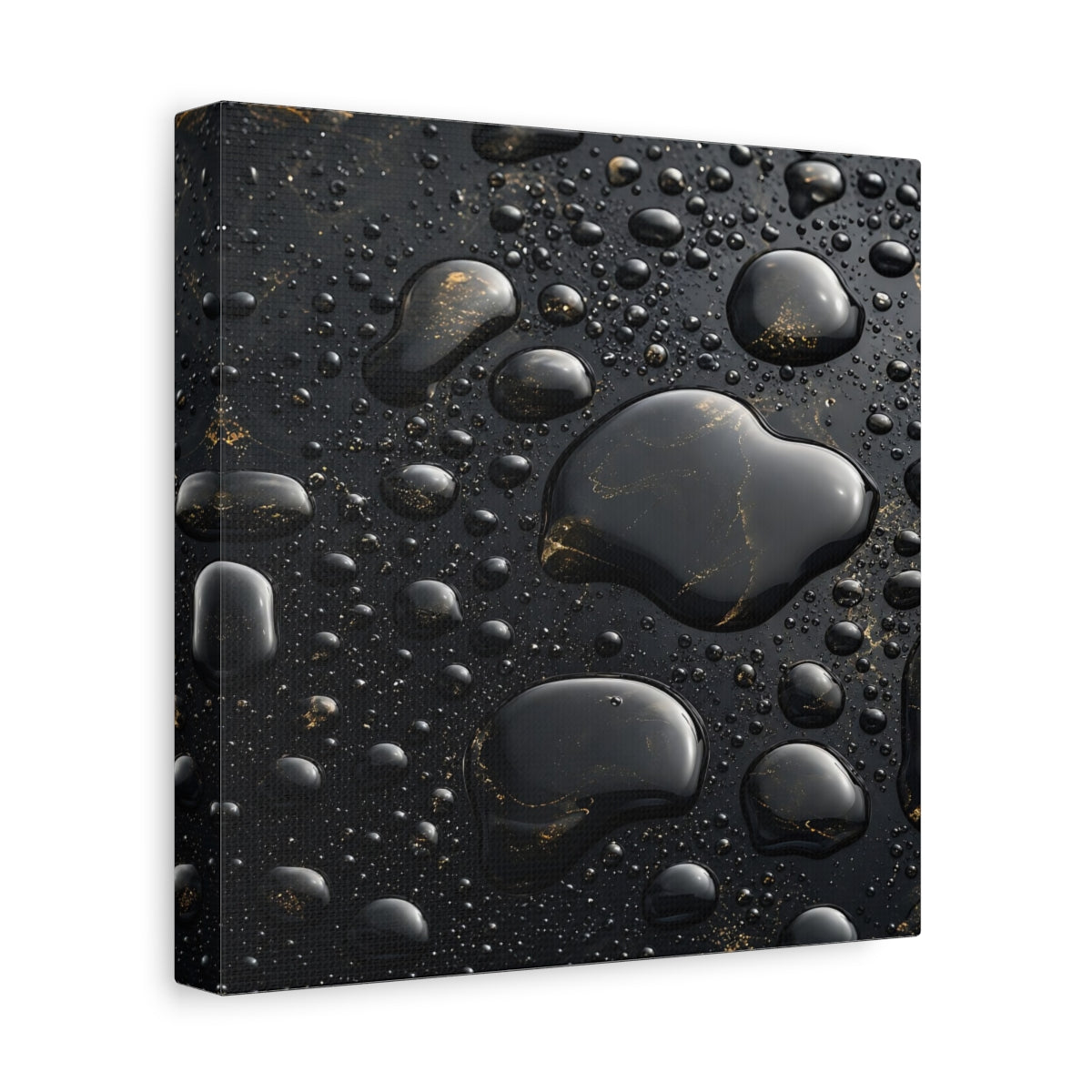 Side Mockup 9. Abstract Liquid Drops Black Gold shown as stretched canvas wall art