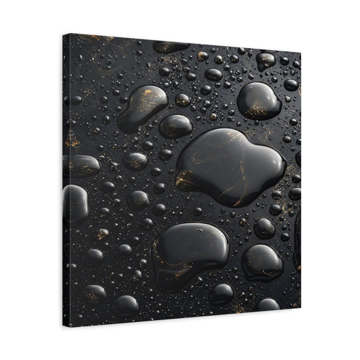 Side Mockup 5. Abstract Liquid Drops Black Gold shown as stretched canvas wall art
