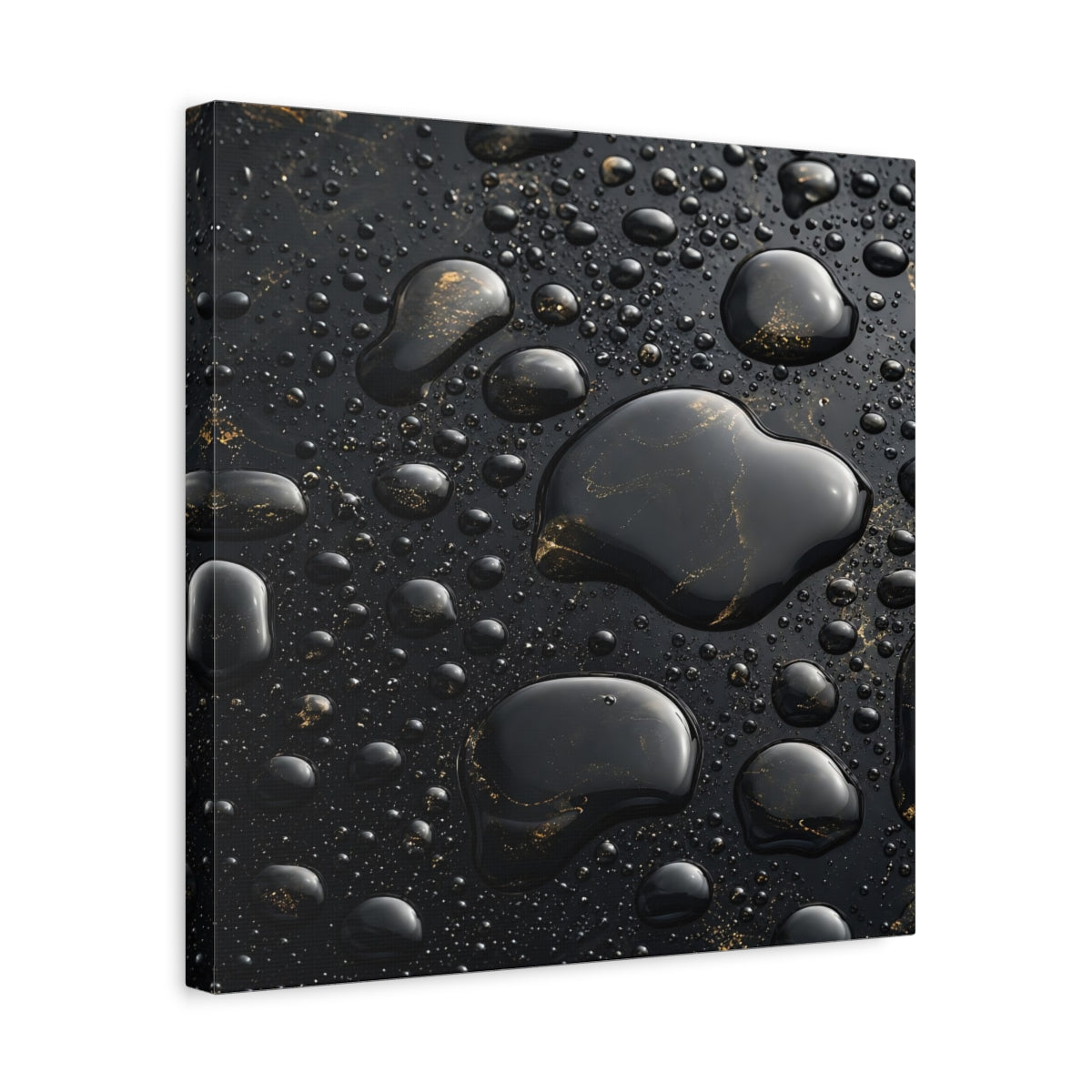 Side Mockup 6. Abstract Liquid Drops Black Gold shown as stretched canvas wall art
