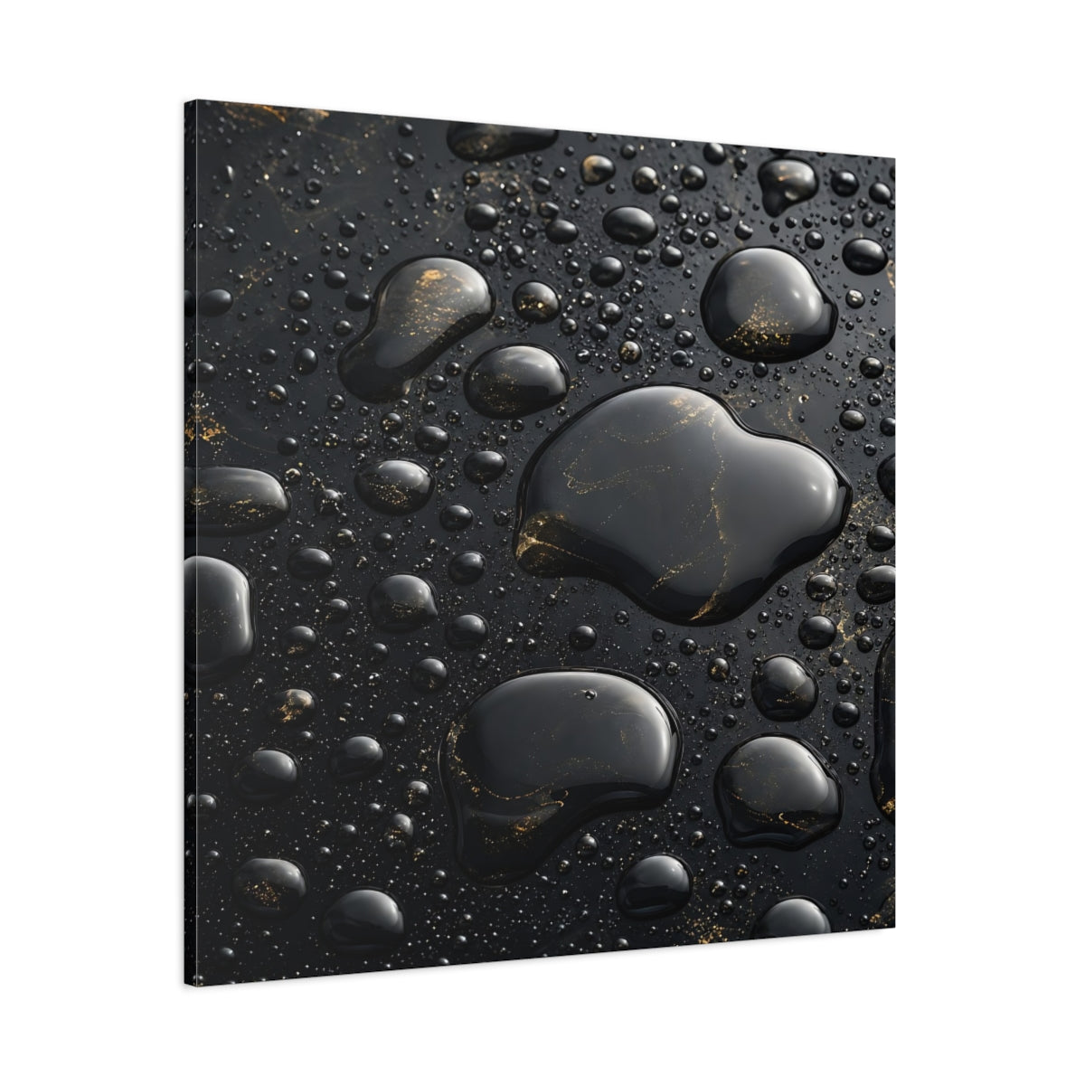 Side Mockup 1. Abstract Liquid Drops Black Gold shown as stretched canvas wall art