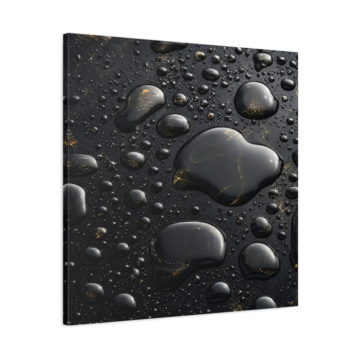 Side Mockup 3. Abstract Liquid Drops Black Gold shown as stretched canvas wall art