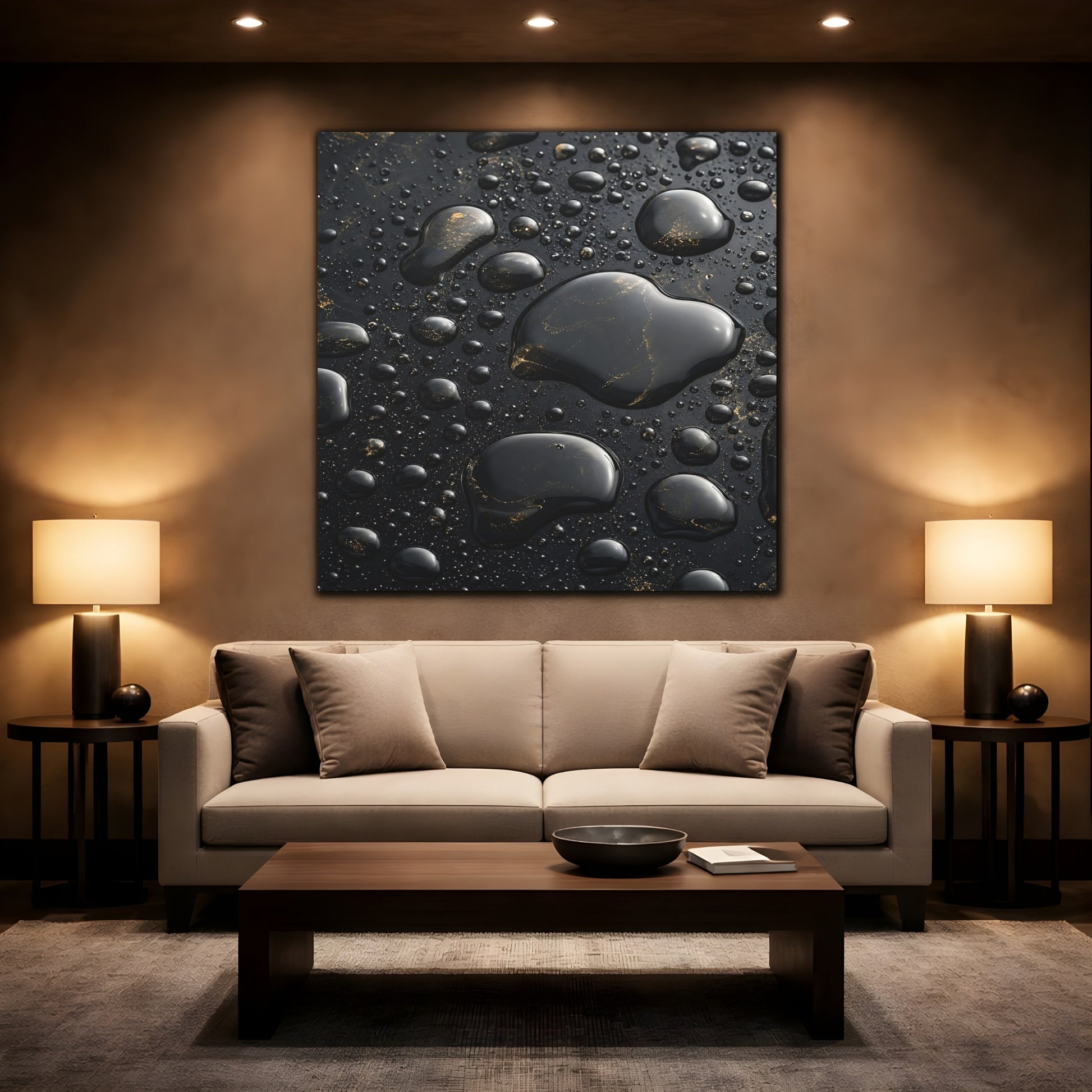 Mockup 2. Abstract Liquid Drops Black Gold shown as stretched canvas wall art