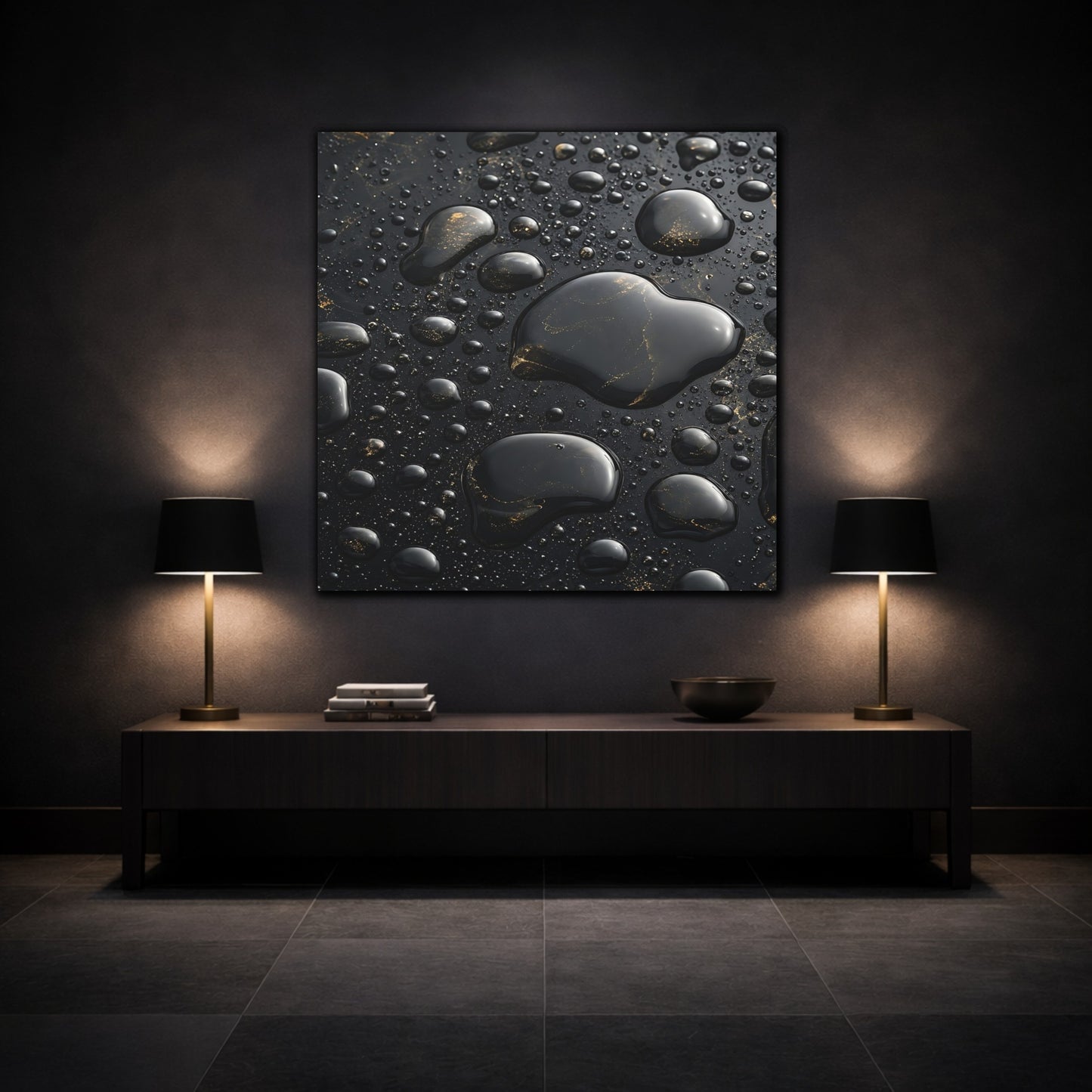 Mockup 3. Abstract Liquid Drops Black Gold shown as stretched canvas wall art