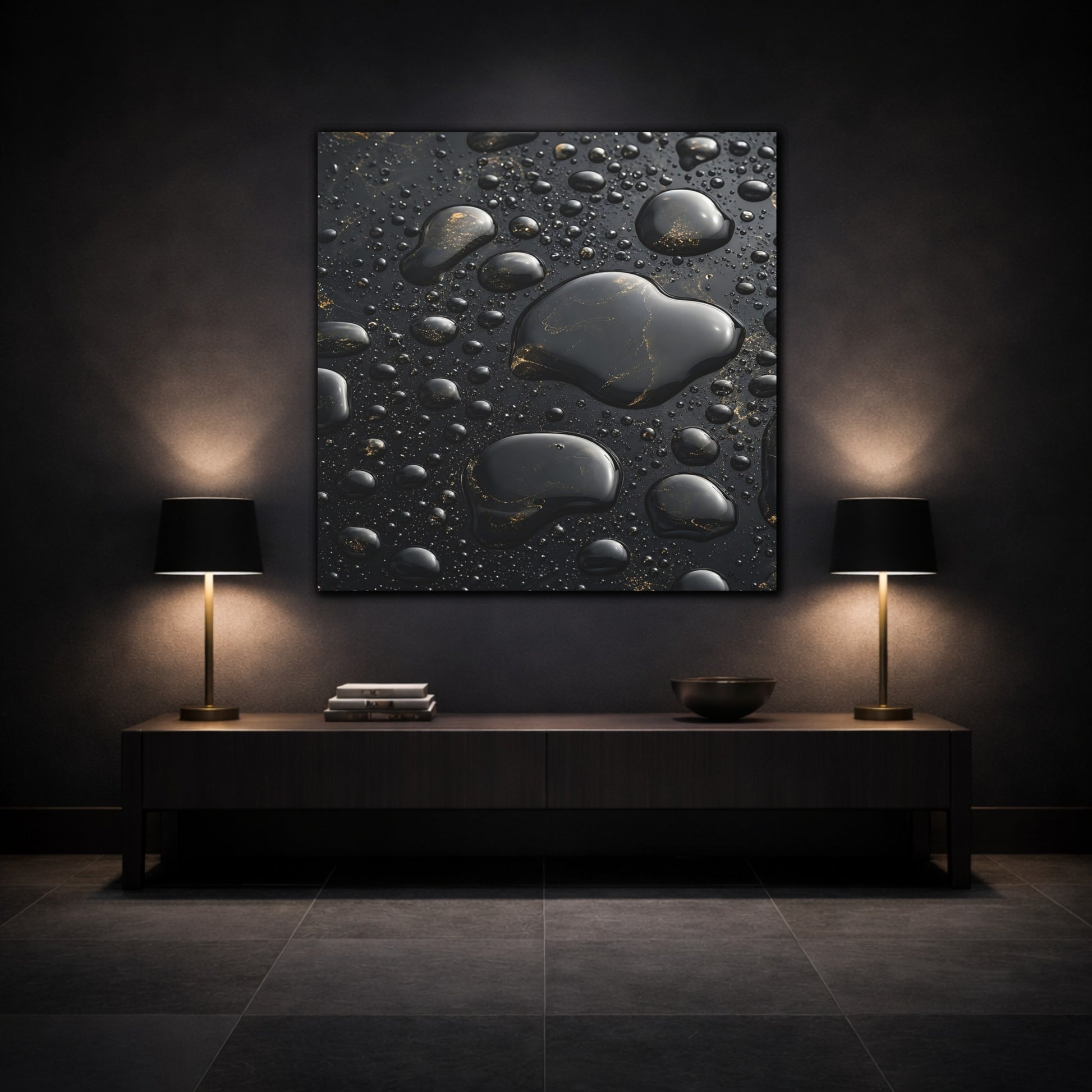 Mockup 3. Abstract Liquid Drops Black Gold shown as stretched canvas wall art