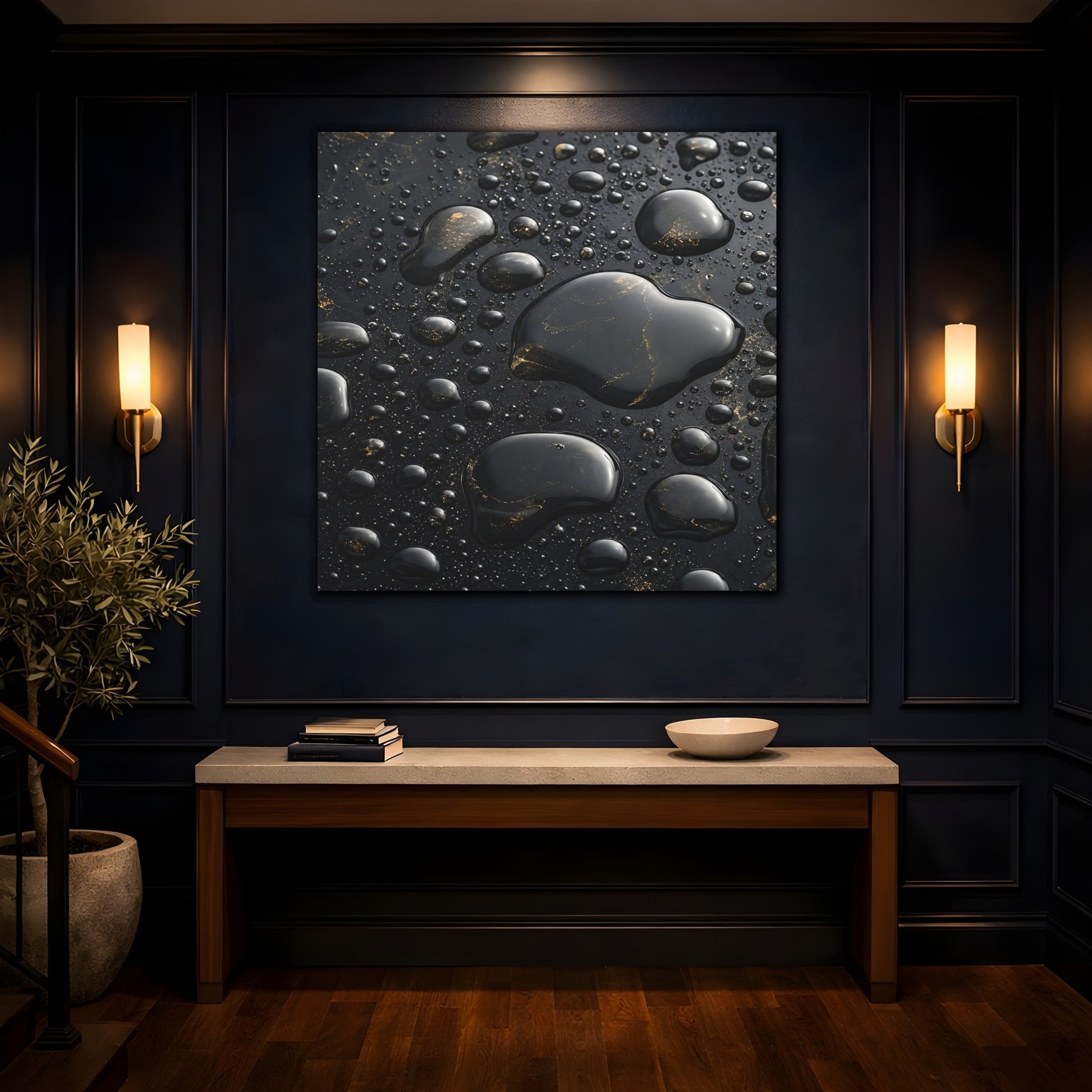 Mockup 4. Abstract Liquid Drops Black Gold shown as stretched canvas wall art