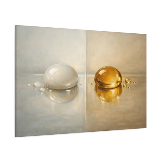 Main Mockup. Abstract Liquid Drops Gold And Silver shown as stretched canvas wall art