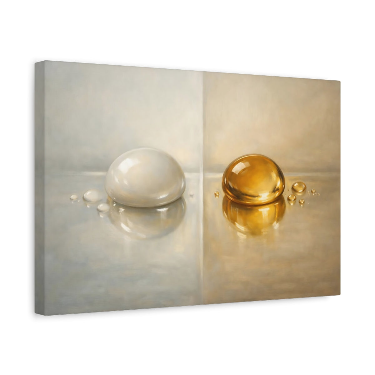 Side Mockup 4. Abstract Liquid Drops Gold And Silver shown as stretched canvas wall art