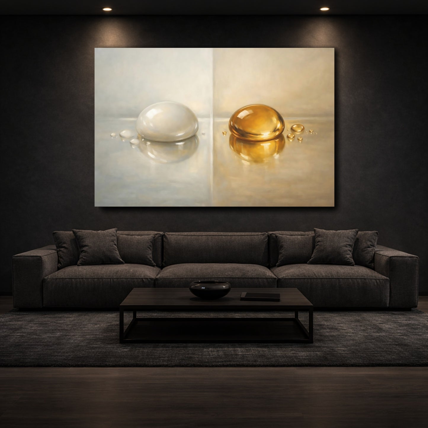 Mockup 2. Abstract Liquid Drops Gold And Silver shown as stretched canvas wall art
