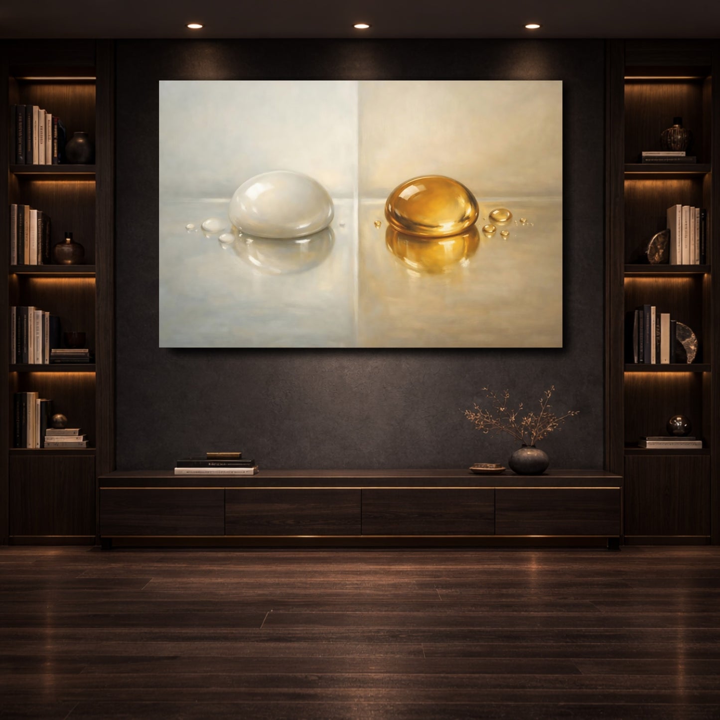 Mockup 3. Abstract Liquid Drops Gold And Silver shown as stretched canvas wall art