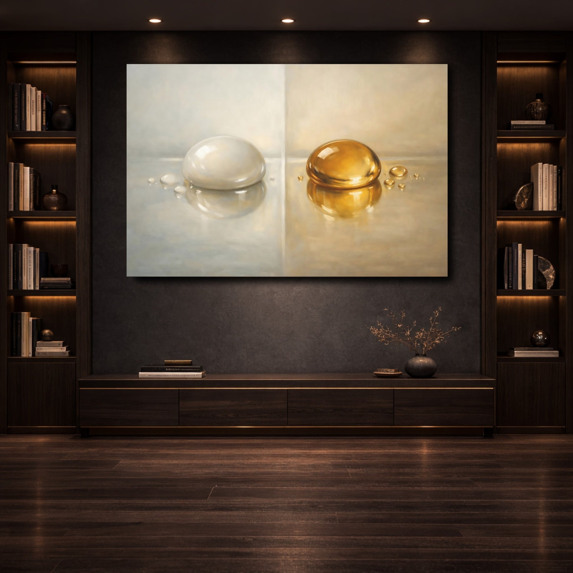 Mockup 3. Abstract Liquid Drops Gold And Silver shown as stretched canvas wall art