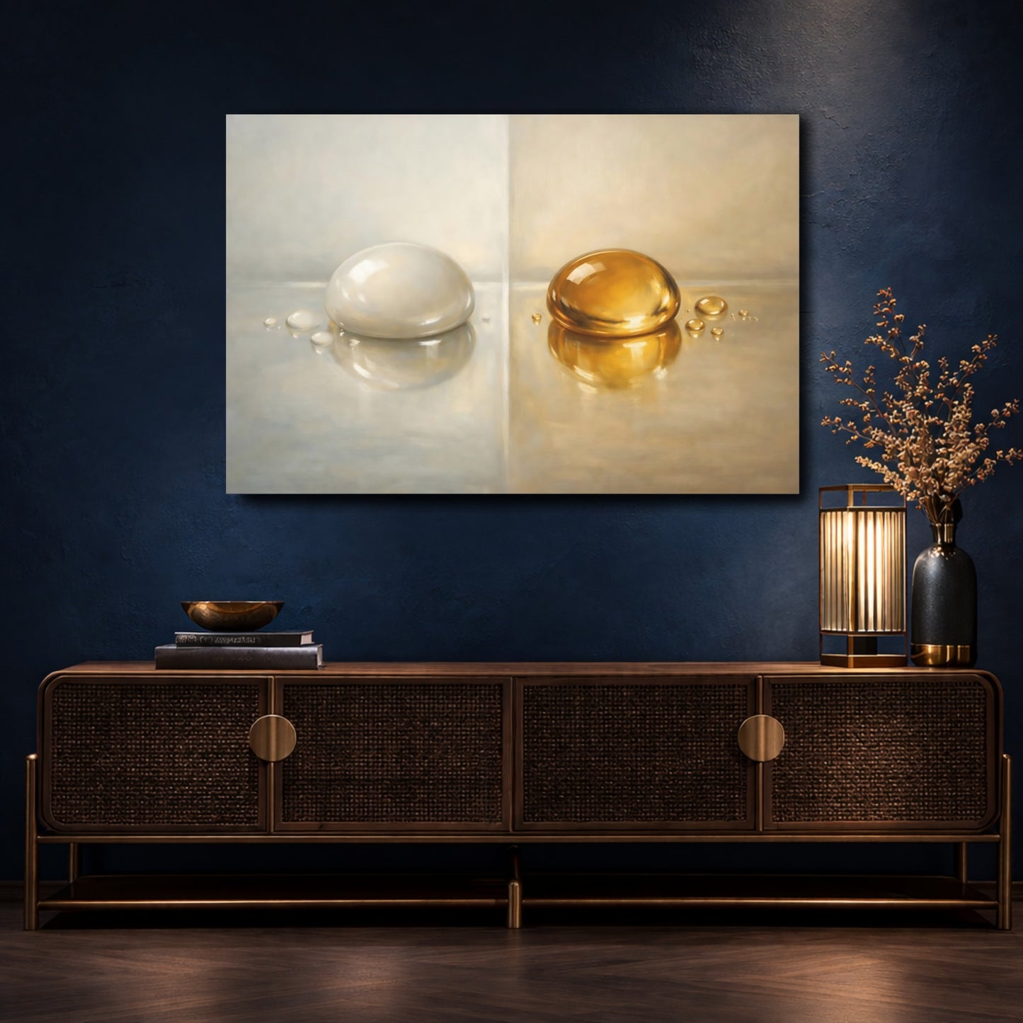 Mockup 4. Abstract Liquid Drops Gold And Silver shown as stretched canvas wall art
