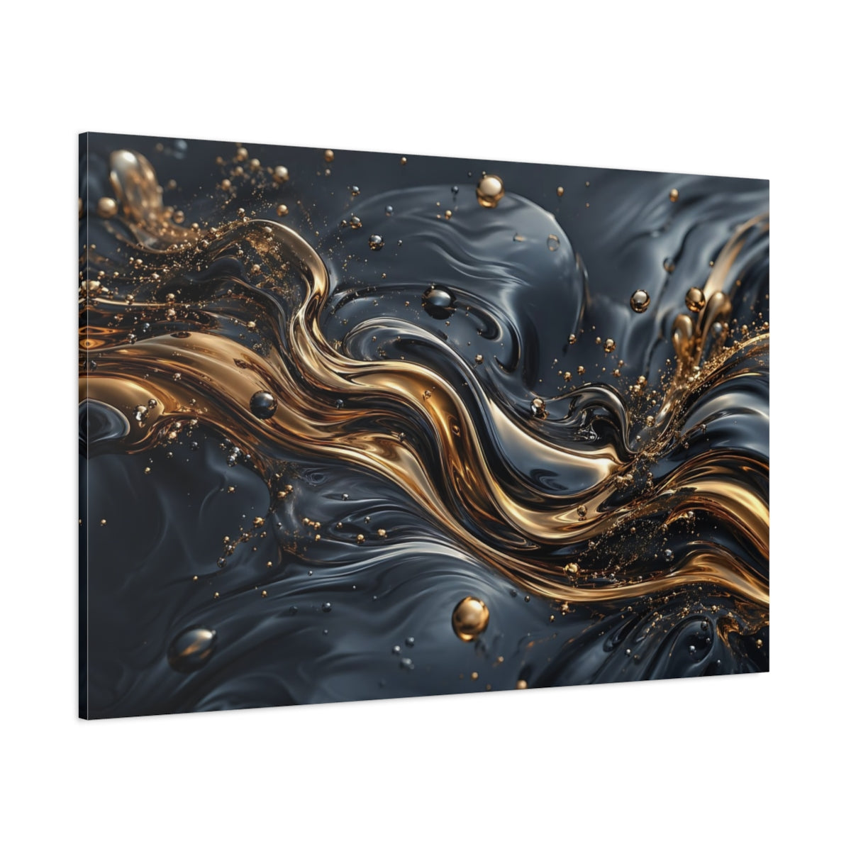 Side Mockup 1. Abstract Liquid Gold Gold And Black shown as stretched canvas wall art