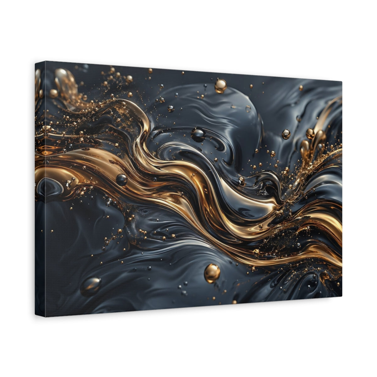 Side Mockup 4. Abstract Liquid Gold Gold And Black shown as stretched canvas wall art