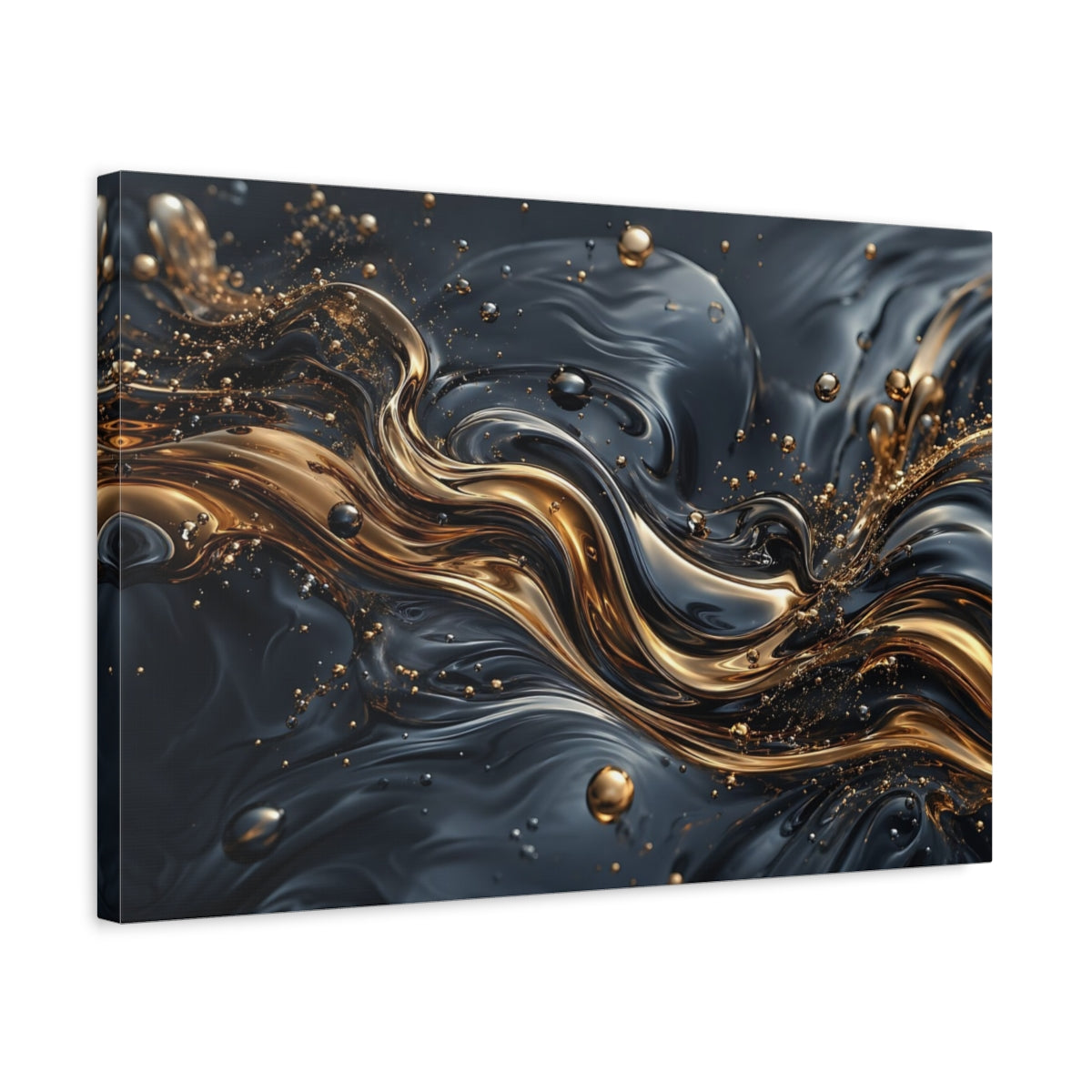 Side Mockup 3. Abstract Liquid Gold Gold And Black shown as stretched canvas wall art