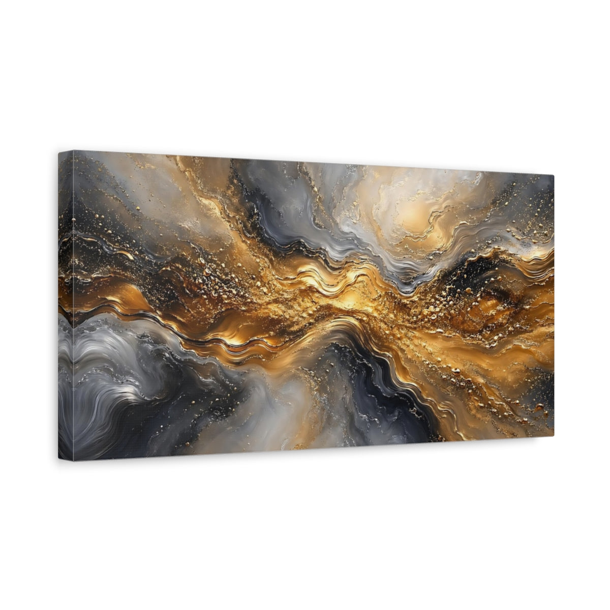 Side Mockup 3. Abstract Liquid Gold Gold And Gray Abstract shown as stretched canvas wall art