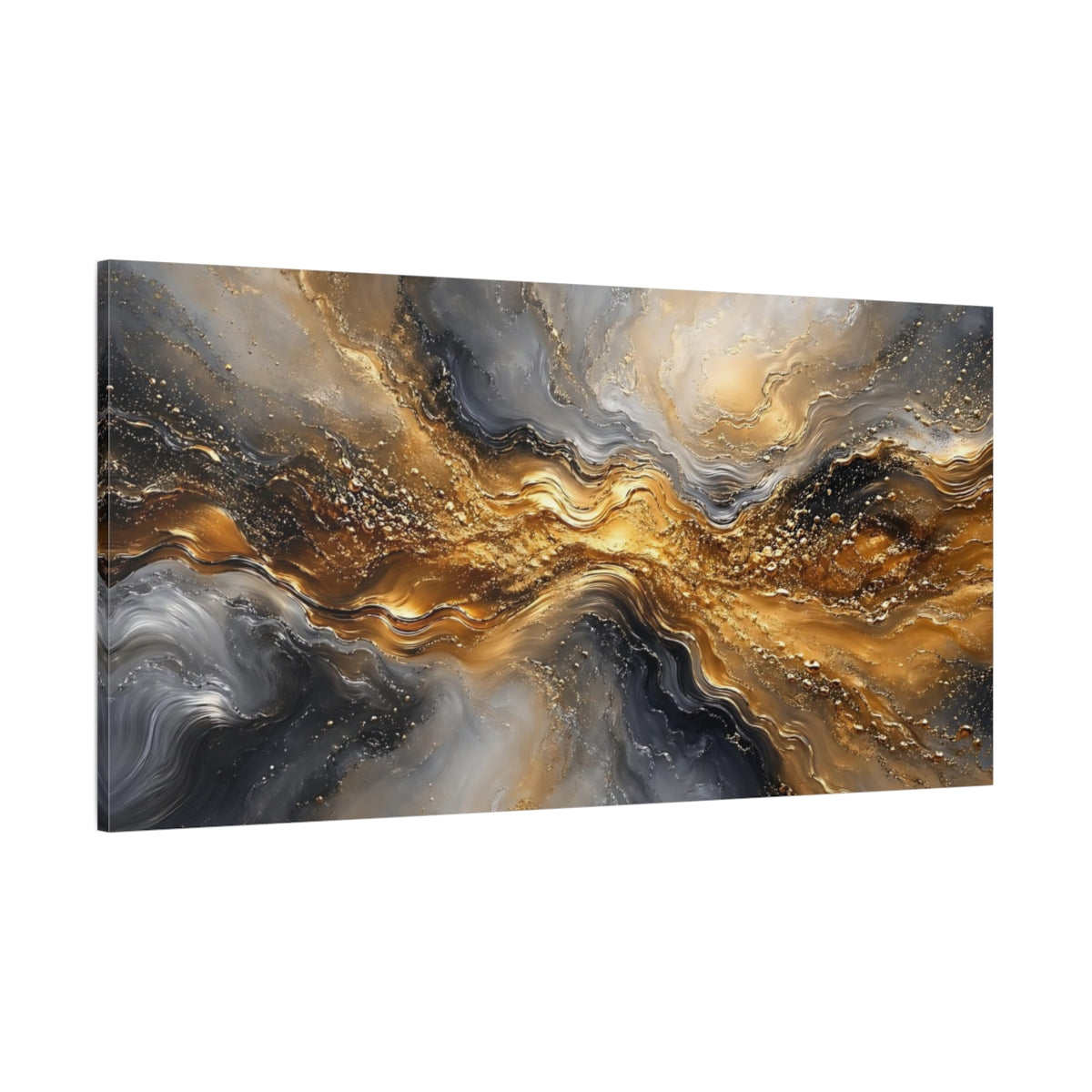 Side Mockup 2. Abstract Liquid Gold Gold And Gray Abstract shown as stretched canvas wall art
