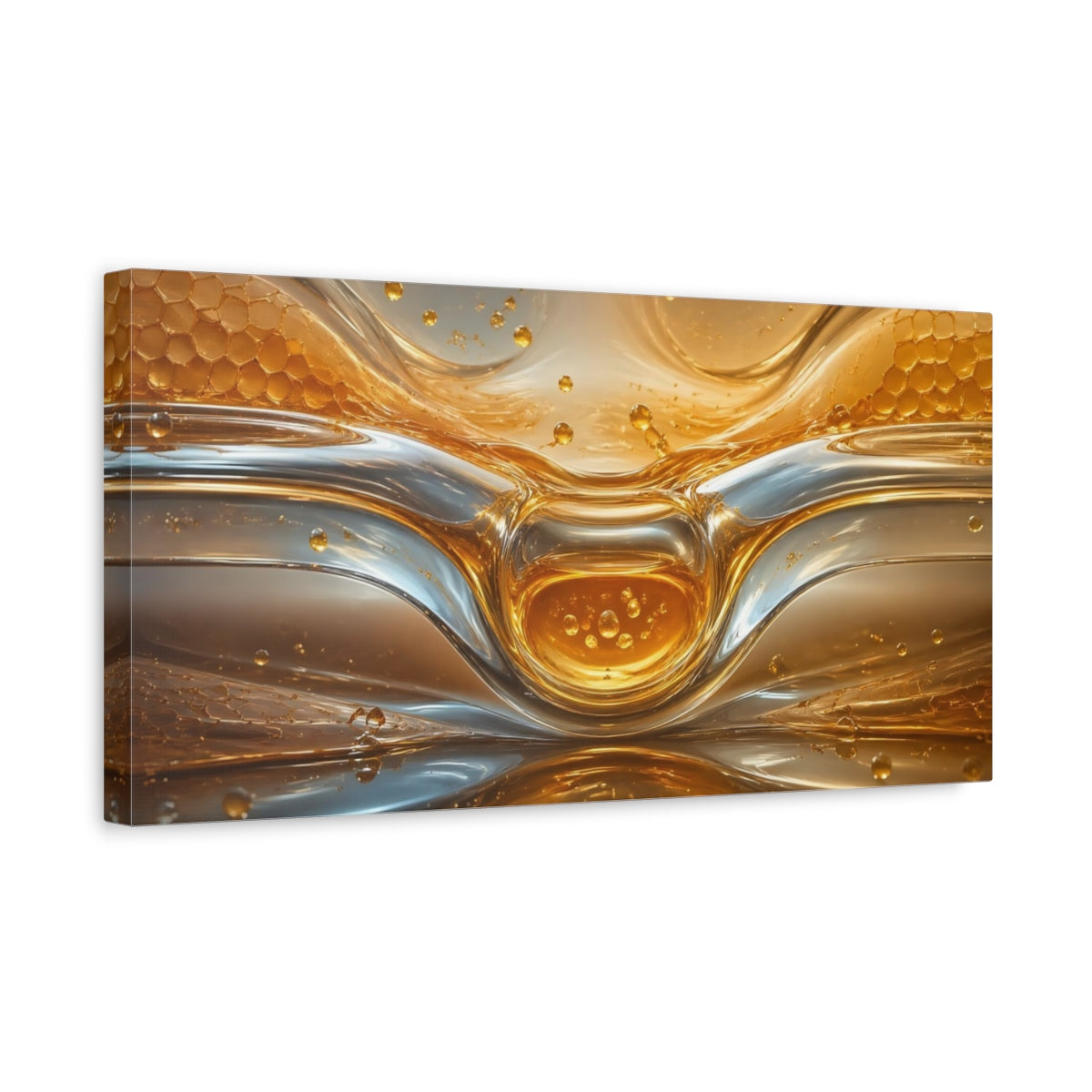 Side Mockup 3. Abstract Liquid Gold Gold And Silver shown as stretched canvas wall art
