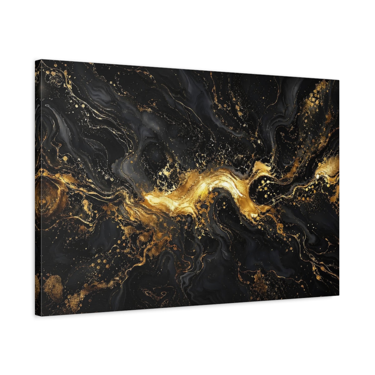 Side Mockup 2. Abstract Liquid Gold Black And Gold shown as stretched canvas wall art