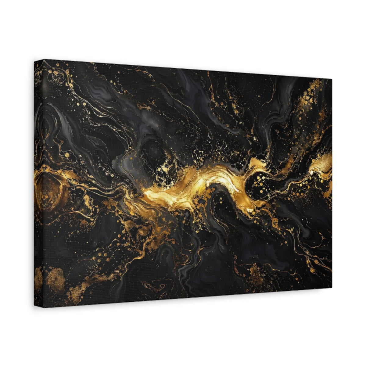 Side Mockup 4. Abstract Liquid Gold Black And Gold shown as stretched canvas wall art