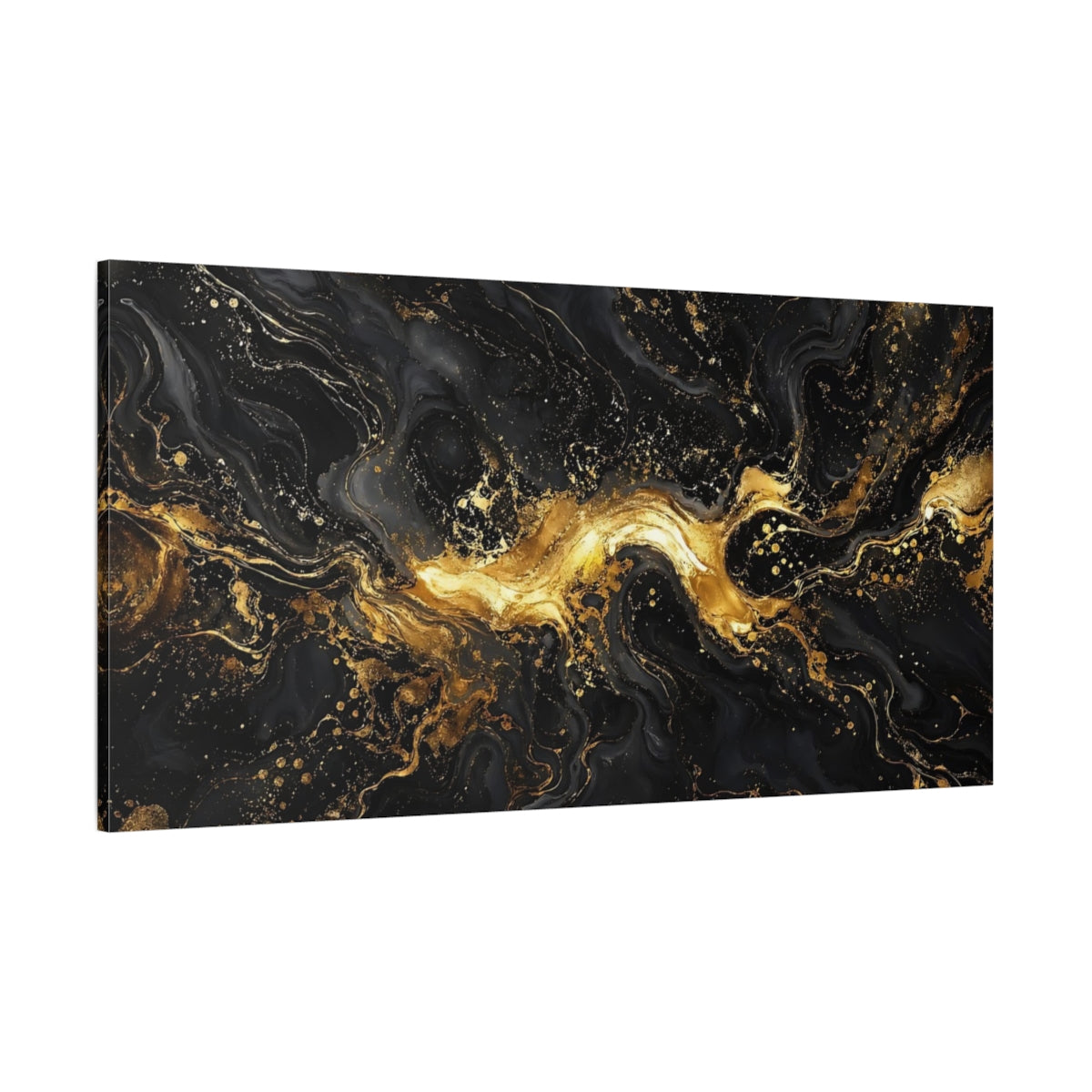 Side Mockup 2. Abstract Liquid Gold Black And Gold shown as stretched canvas wall art