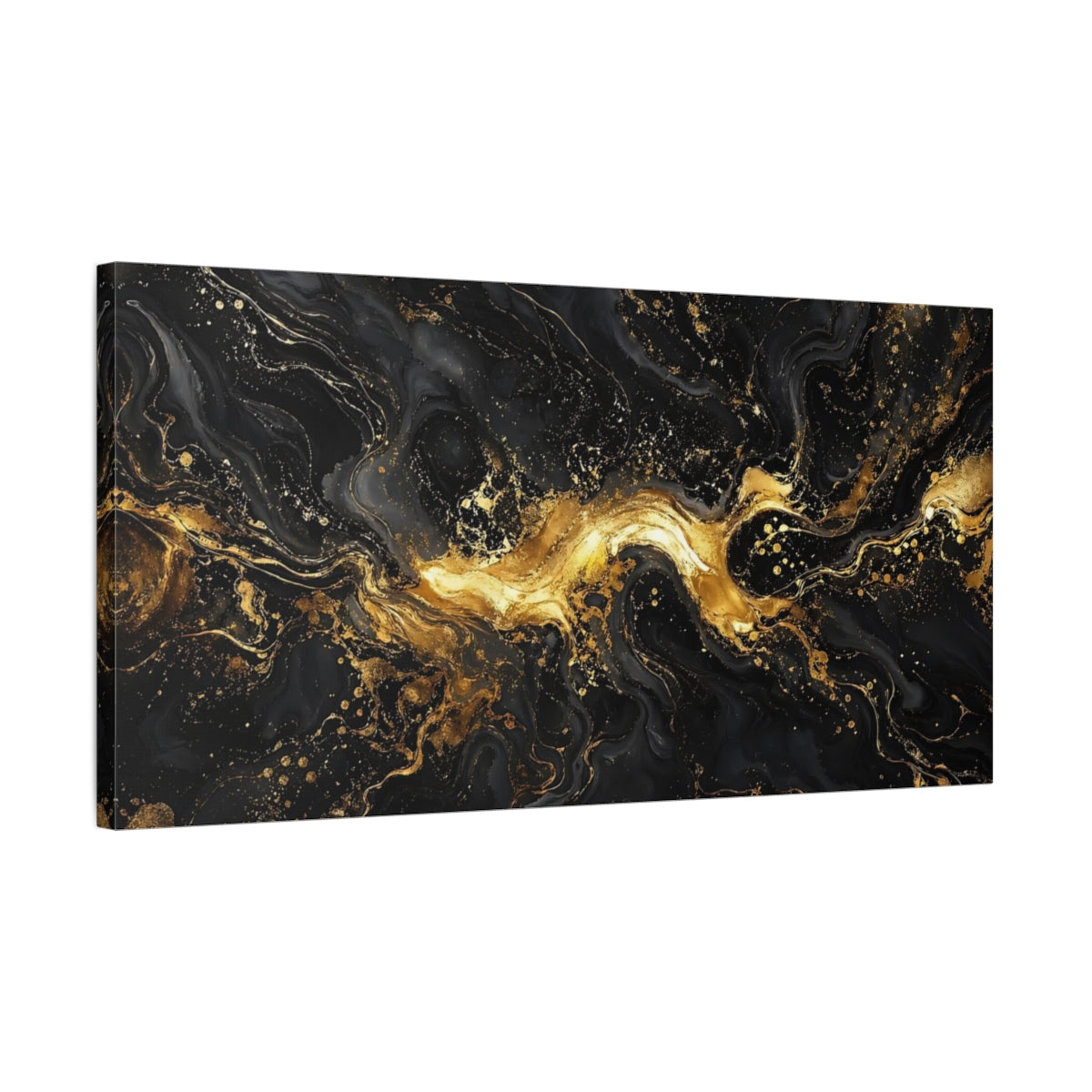 Side Mockup 1. Abstract Liquid Gold Black And Gold shown as stretched canvas wall art