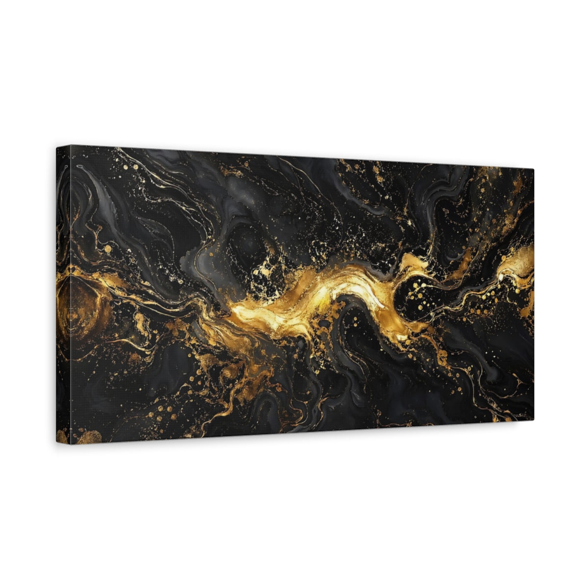 Side Mockup 3. Abstract Liquid Gold Black And Gold shown as stretched canvas wall art